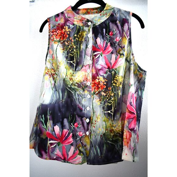 Women's Floral Print Button Front Sleeveless Top Blouse Multicolor Size Large - Picture 1 of 7